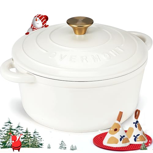 Overmont Casseruola in Ghisa Smaltata - Antiaderente Forno Olandese con Coperchio - Ø26 cm Rotonda Cocotte per Adatto a Piani di Cottura e Forni a Induzione - Perlenweiß