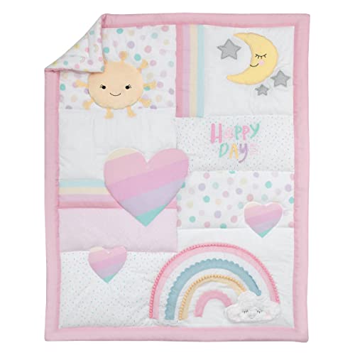 Nojo Happy Days Pink, White, And Yellow Rainbows And Sunshine 4 Piece Nursery Crib Bedding Set - Comforter, 100% Cotton Fitted Crib Sheet, Crib Skirt And Reversible Storage #TOP1