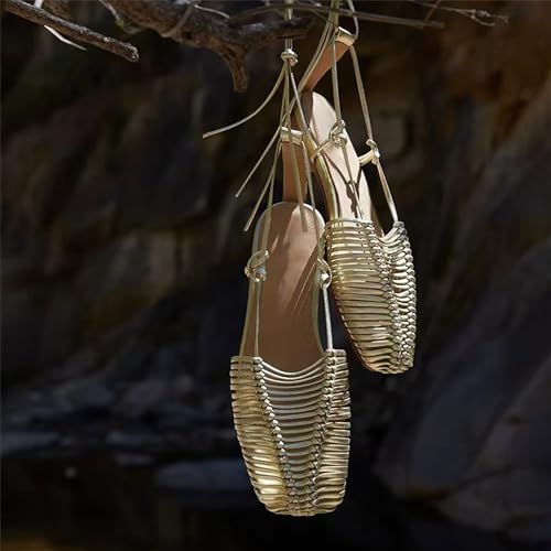 JANSEVEN Woven Flats for Women Slingback Ballet Flats Sandals Comfortable Dress Shoes Square Toe Lace Up Ballerina Flats Summer Beach Flat with Adjustable Strap2