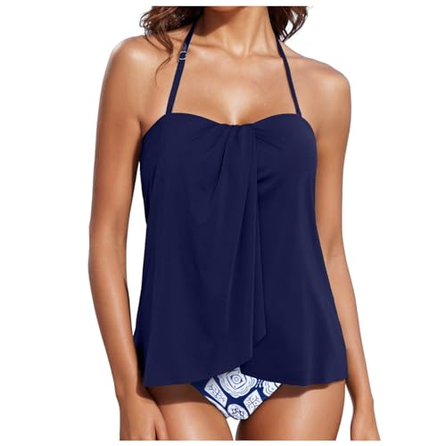 Genérico Traje de Baño Tankini Mujer 2023 Conjunto Separado Estampado Moderno Diseño Cuadrado Superior (Navy, L)
