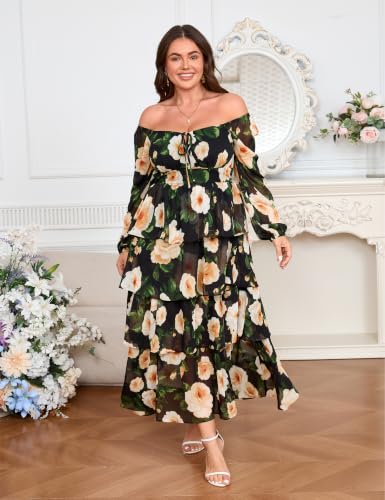 Image of EYWOL Plus Size Long Sleeve Floral Tiered Semi Formal Wedding Guest Dress