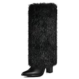 QLR 3.3-inch Chunky Knee High Fur Heel Boots Furry Fuzzy Fluffy Pointed Toe Boots for Women, Tall Long Wide Calf Boot with Side Zipper Fall Winter Snow Fold Over