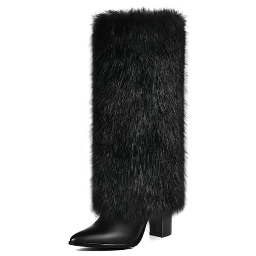 QLR 3.3" Furry Knee-High Pointed Toe Boots Women