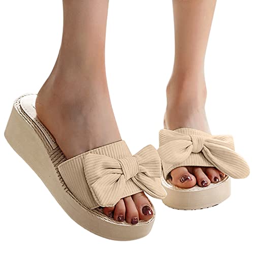 Spring Casual Sandals Summer Fashion and Beach Wedge Bow Slippers Women's Slipper Slippers for Women Indoor and Outdoor (Beige, 8)3