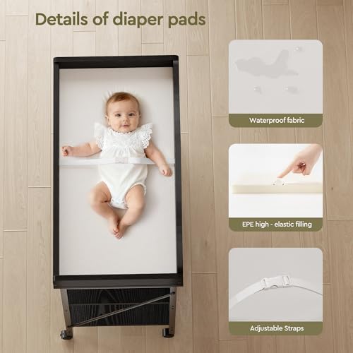 Image of Baby Changing Table, Diaper Station with Pad, 2-Tier Shelves, Mobile, Black