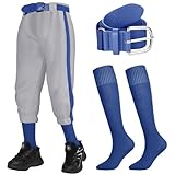 Cozypower 3 Pcs Baseball Pants Combo Set Men Youth Boy and Girls Softball Pants with Socks and Belts(Blue, Gray,10-12 Years,Kid)