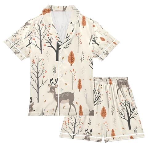 senya Deer with Tree Satin Summer Pajama Sets Silk Short Sleeve Button Down Sleepwear
