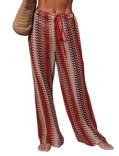 Image of ZAFUL Womens Beach Cover Up Pants Sexy Crochet Drawstring Elastic Boho Swimsuit Cover Up Long Pants Beach Wear