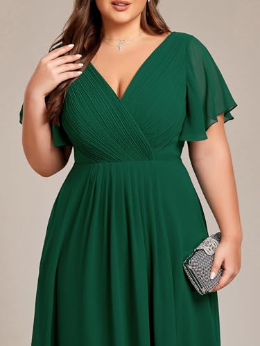 Image of Ever-Pretty Plus Summer Short Sleeves V-Neck Formal Wedding Guest Dresses for Curvy Women Chiffon Midi Cocktail Party Dress