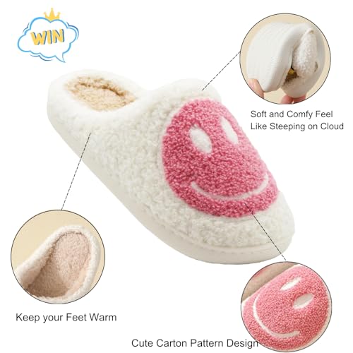 Fuzzy Slippers for Women Men, Cute Retro Fluffy Happy Face House Slippers, Plush Memory Foam Slippers for Women Indoor and Outdoor Cozy Trendy Slip-On Shoes2