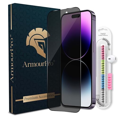 Image of ArmourPro Privacy Tempered Glass for iPhone 14 Pro, Anti Spy Anti Peeping Screen Protector, Edge-to-Edge Full Coverage, 9H Hardness with Cable Protector | Black