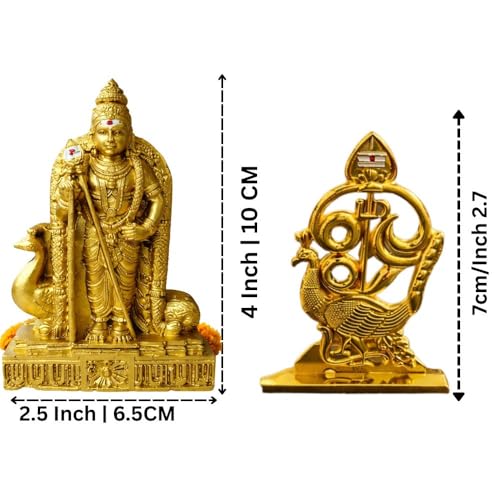 Image of Murugan Idol with Om Muruga Mayil Vel Combo for Car Dashboard | Premium Gold Murugan Statue for Home Temple, Office Desk & Pooja Decor | 10 cm & 7 cm