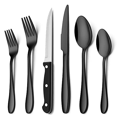 Herogo Set de 36 couverts avec couteaux à steak, ensemble de couverts en acier inoxydable pour 6 personnes, avec fourchette, couteau, cuillère, couverts de table élégants pour la maison/restaurant