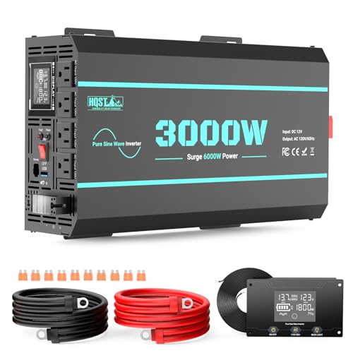 HQST 3000W Pure Sine Wave Inverter 12V DC to 110V AC Converter, w/ 6000W Peak, GFCI Protection, 4X AC Sockets, Hardwire Port, Remote, Solar Power Inverters for Vehicles, Camping, RVs, Home, Off Grid