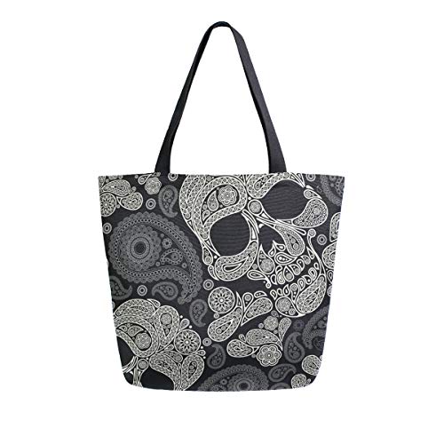 Image of Halloween Skull Canvas Tote Grocery Bag Shoulder Casual Book Bag Large for Women Teachers, Sugar Skull Cotton Bag Shopping Purse Handbag Reusable Multipurpose Use