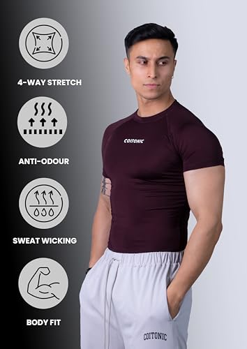 Image of COITONIC Men's Half Sleeve Compression T-Shirt - Athletic Base Layer for Gym, Sports & Fitness Training