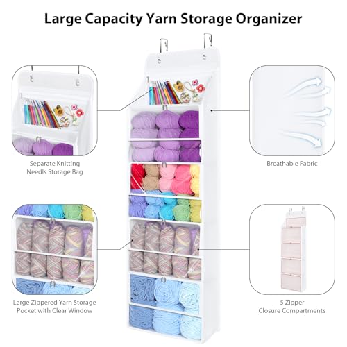 Image of Univivi Hanging Yarn Storage Organizer with 5 Zipper Closure Compartments, Large Capacity Knitting Organizer Storage, Over the Door Hanging Yarn Holder for Knitting Needles,Crochet Hooks (Clear White)