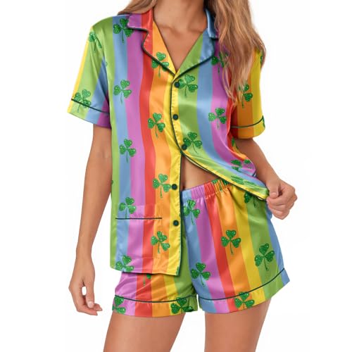 Image of Women 2PCs Satin Pajama Set Short Sleeve Silk Feel Gift Sleepwear
