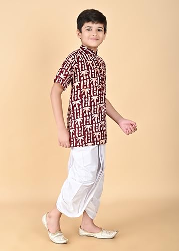 Image of Kids Traditional Pure Cotton Batik Printed Kurta & Dhoti Pant Set, Short Sleeve, White Bottom, Ethnic Wear