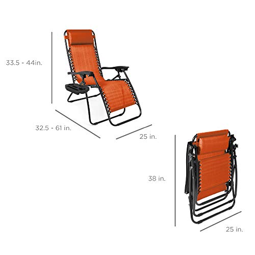 Best Choice Products Set Of 2 Adjustable Steel Mesh Zero Gravity Lounge Chair Recliners W/Pillows And Cup Holder Trays - Burnt Orange #TOP6