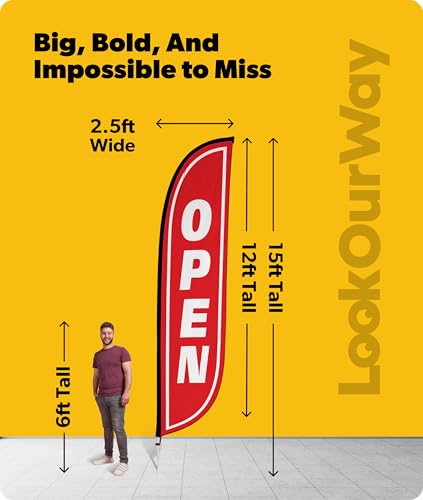 Image of LookOurWay Feather Flag Pole Kit - 12 Feet Tall Advertising Flag Banner with Fiberglass Pole Kit and Ground Spike for Business Promotion - Grand Opening Flags - Open Red & White (10M1200104)
