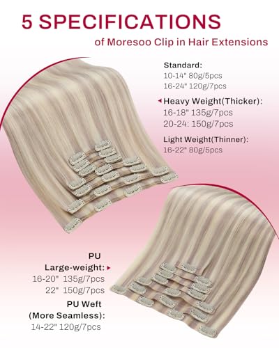 Image of Moresoo Clip in Hair Extensions Real Human Hair,22 Inch 150g 7Pcs, Ash Blonde to Bleach Blonde,Seamless PU Weft, Real Human Hair, Easy DIY Hairstyle