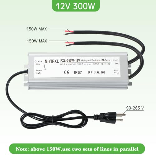 Image of LED Driver 300 Watts(150W X2) 12V DC Transformer，Waterproof IP67 Power Supply, Adapter with 3-Prong Plug 3.3 Feet Cable for Any DC led Lights, Computer Project, Outdoor Light