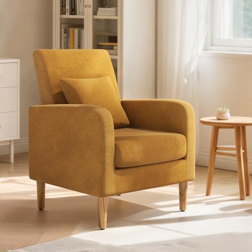 Magshion Accent Chair for Living Room Comfy Mid-Century Reading Chair for Bedroom Upholstered Linen Fabric Armchair Single Sofa with Back Pillow & Wood Legs 300 lbs Capacity Yellow