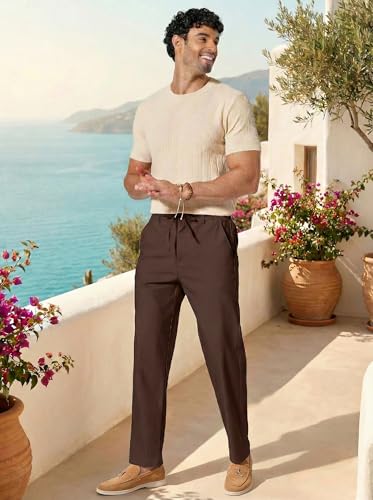 Image of COOFANDY Men's Cotton Linen Pants Casual Drawstring Dress Pants Beach Summer Lightweight Trousers