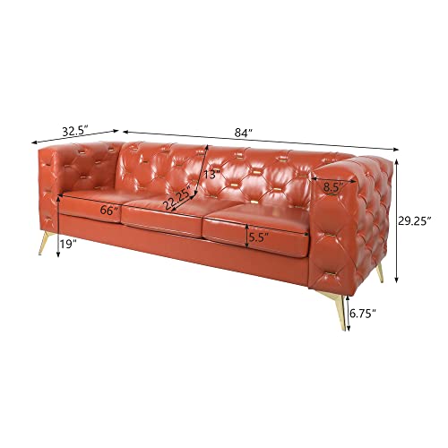 Nosga Modern 3 Seater Sofa, Modern Living Room Sofa, 84”Metal Pull Buckle Upholstered Sofa With High Arms And Metal Legs Pu Sofa For Bedroom, Office And Living Room (Pu-Orange) #TOP1