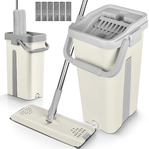 JUPPLIES Mopa Fregona con Cubo Escurridor Doble Compartimento 7,5 L – Sistema Giratorio con Mango Telescópico y Recambios de Microfibra para Suelos, Paredes y Azulejos (Blanco, 6 Recambios)