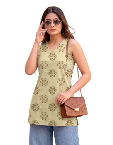 Image of Women's Printed Sleeveless Cotton Kurti Top with V-Neck, Straight Fit Casual Ethnic Tunic for Office, Daily & Casual Wear