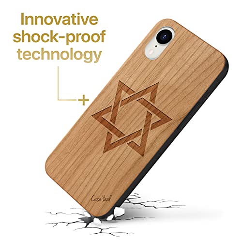 Caseyard Wood Phone Case For Iphone Xr Laser Engraved David Star Design Cherry Wood Compatible Iphone Case Protective Shockproof Slim Fit Cell Phone Cover For Men & Women #TOP2