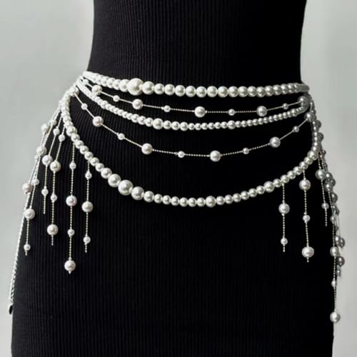Multilayer Imitation Pearl Waist Chain for Women Trendy Waistband White Pearl Body Chain Long Tassel Pendant Waist Chain Wedding Bridal Dress Belt Fashion Trend Metal Chain Body Chain Jewelry2