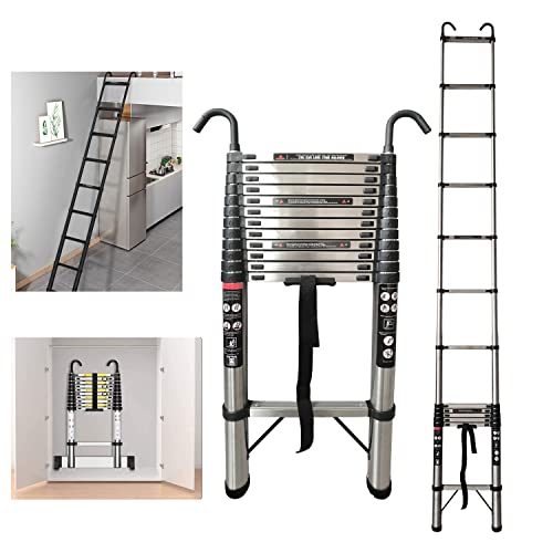 Escalera Extensible Telescópica 5 Metros(12 peldaños) Escaleras de Acero de extensión portátiles Plegables, Azotea RV Ático Casa Interior Exterior, Carga 150kg Escalera Telescópica
