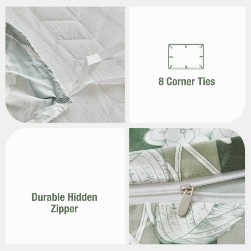 Image of Lekesky Green Floral Duvet Cover King Size, Stripes Comforter Cover King Size Floral Printed Duvet Set, 3 Pieces Soft Microfiber Bedding Set with 8 Zipper Ties (King, 104 inchx90 inch)