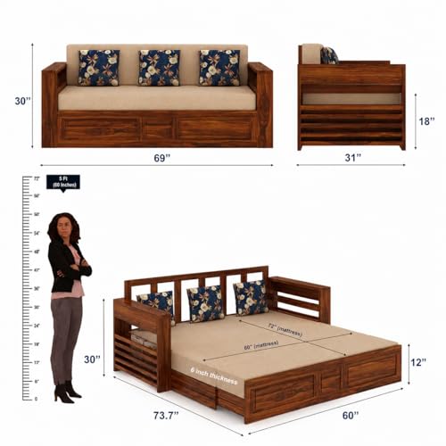 Image of Ganpati Arts Solid Sheesham Wood 3 Seater Lurid Sofa Cum Bed with Side Pocket for Living Room Bed Room | Wooden Bedroom Furniture for Home (Natural Finish)