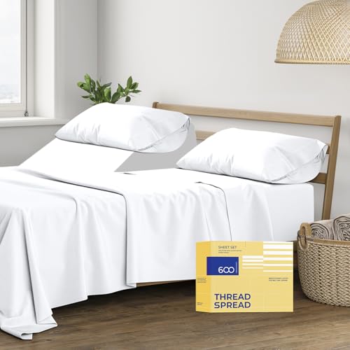 THREAD SPREAD 100% Egyptian Cotton Split King Sheets Sets for Adjustable Bed - 600 Thread Count 5 PC White Top Split King Sheets Set, 16