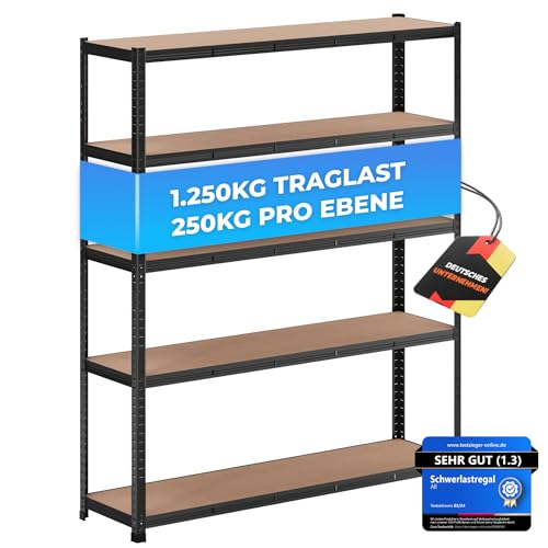 ALL Premium Schwerlastregal 180x150x40 cm Schwarz 1250kg Traglast, stabiles Regal 40 cm tief geeignet als Lagerregal Metall, Werkstattregal & Regal Metall Schwarz, vielseitige Lagerregale für Keller