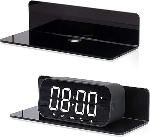 LEVGRY Wall Shelf, 6 Pieces Adhesive Display Shelf, Floating Shelf Wall Mounted, Acrylic Wall Shelf with Cable Hook and Cable Hole for Alarm Clocks, Plants, Speakers, Books-image-20