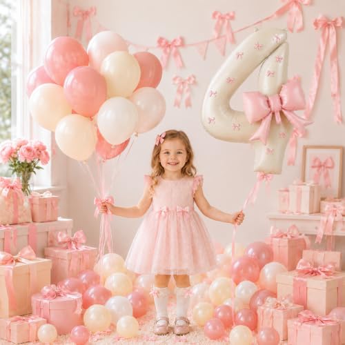Image of 40 Inch Pink Beige Number 4 Balloon Tower with Bow 4th Birthday Decorations