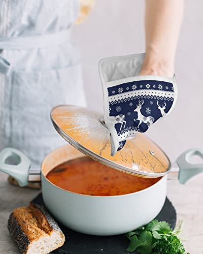 Winter Christmas Snowflake Reindeer Pot Holders With Pocket For Kitchen, Heat-Resistant Potholders Set Of 2, Hot Pads Oven Mitts With Hanging Loops For Home Cooking Baking Microwave, Navy Blue #TOP3
