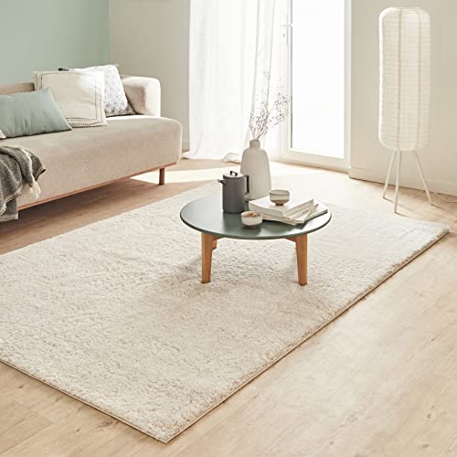 Nazar Tapis Cosy Uni Shaggy Moelleux, Salon, Chambre, Doux à Poils Longs (160x230 cm, Crème)