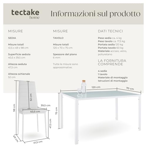 TecTake® Set di Mobili per Sala da Pranzo, 4 Sedie in Similpelle Resistente, Tavolo con Piano in Vetro, Design Moderno, Piedini SalvaPavimento, Ideale per Cucina e Soggiorno - Bianco - 6