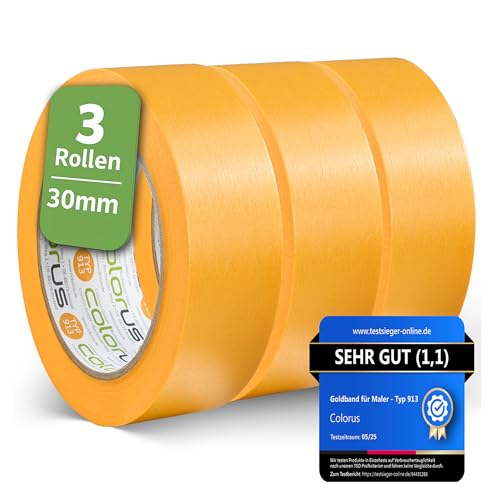 3 x Colorus Profi Soft Tape 30 mm x 50m | Professionelles Abkleben, Abdecken | Abklebeband Innen, Außen | Fineline Goldband zum Lackieren | Klebeband für Wandfarbe | UV beständig