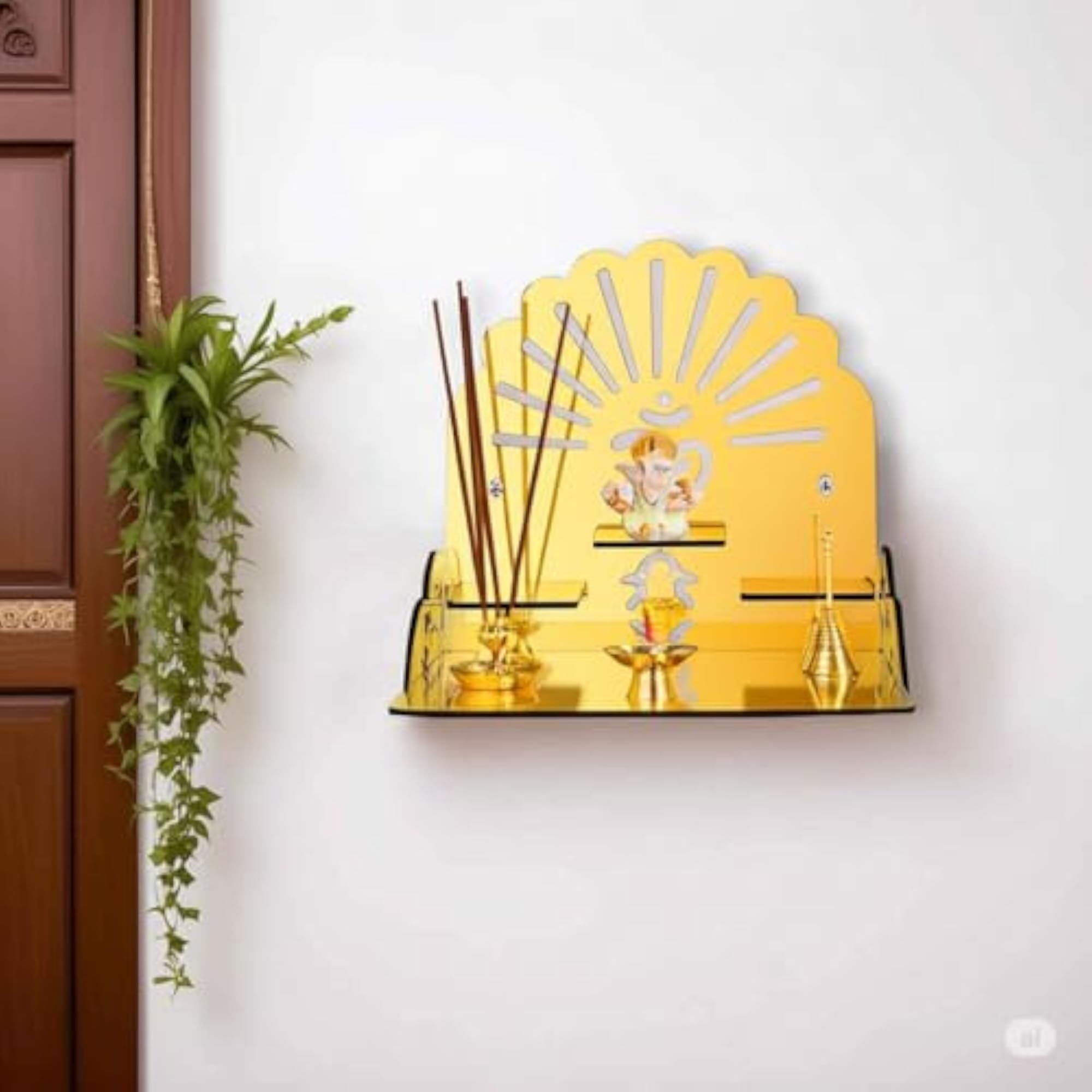 Acrylic Wooden Gold Temple with Om Symbol for Wall Mounting