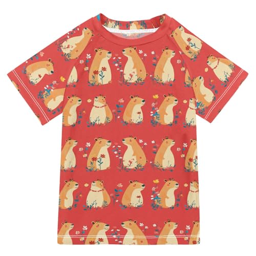 Girls Bathing Suit Short Sleeve Kids Rash Guard Swim 4T Cartoon Capybara Red