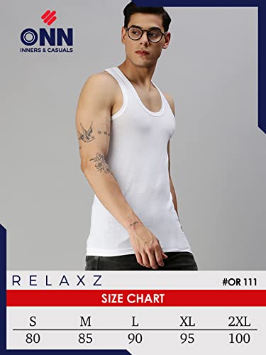 Image of ONN Men's White Super Combed Cotton Rib Round Neck Sleeveless Vest with Extended Length for Easy Tuck | Relaxz OR111 |