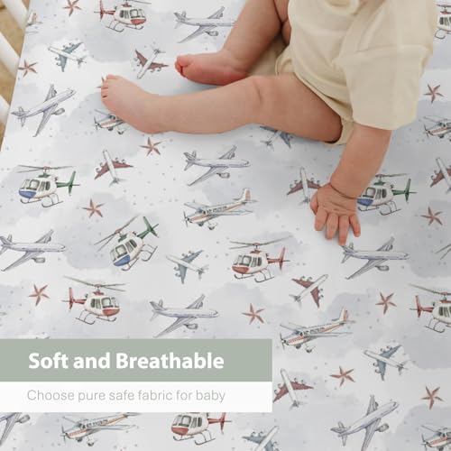 Image of Vintage Planes Airplanes Helicopters Baby Crib Sheets Boy Girl 28 inchx52 inch Plane Stars Clouds Sky Soft Stretchy Fitted Crib Mattress Cover Baby Sheet for Standard Crib & Toddler Mattress Pad