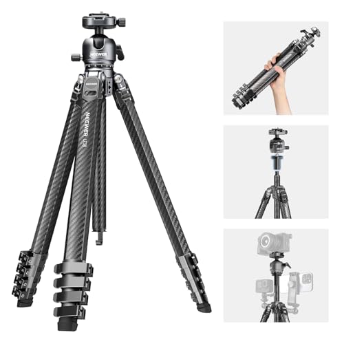NEEWER LITETRIP LT38 61' Travel Tripod Carbon Fiber for Camera, 360° Pan Tilt Low Profile Ball Head, Flexible Center Axis, Arca QR Plate Compatible with PD, Max Load 22lb